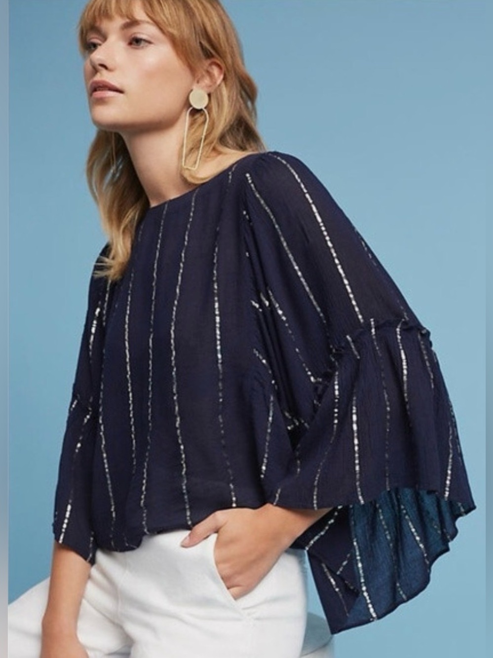 Anthropologie Floreat Emelyn Navy Blue Silver Striped Bell Sleeve Blouse XS